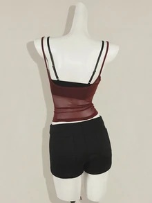 SHEIN ICON 两件套女士红色薄纱吊带背心，搭配黑色蕾丝细肩带文胸 - 彩色 - 查看 7