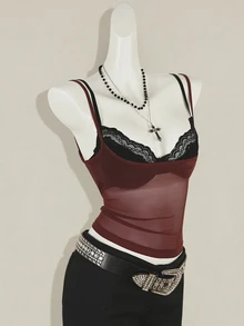 SHEIN ICON 两件套女士红色薄纱吊带背心，搭配黑色蕾丝细肩带文胸 - 彩色 - 查看 5