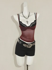 SHEIN ICON 两件套女士红色薄纱吊带背心，搭配黑色蕾丝细肩带文胸 - 彩色 - 查看 8