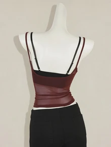 SHEIN ICON 两件套女士红色薄纱吊带背心，搭配黑色蕾丝细肩带文胸 - 彩色 - 查看 2