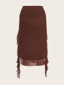 SHEIN ICON Falda de verano de unicolor con volantes en el bajo y abertura alta - Marrón - Ver 2