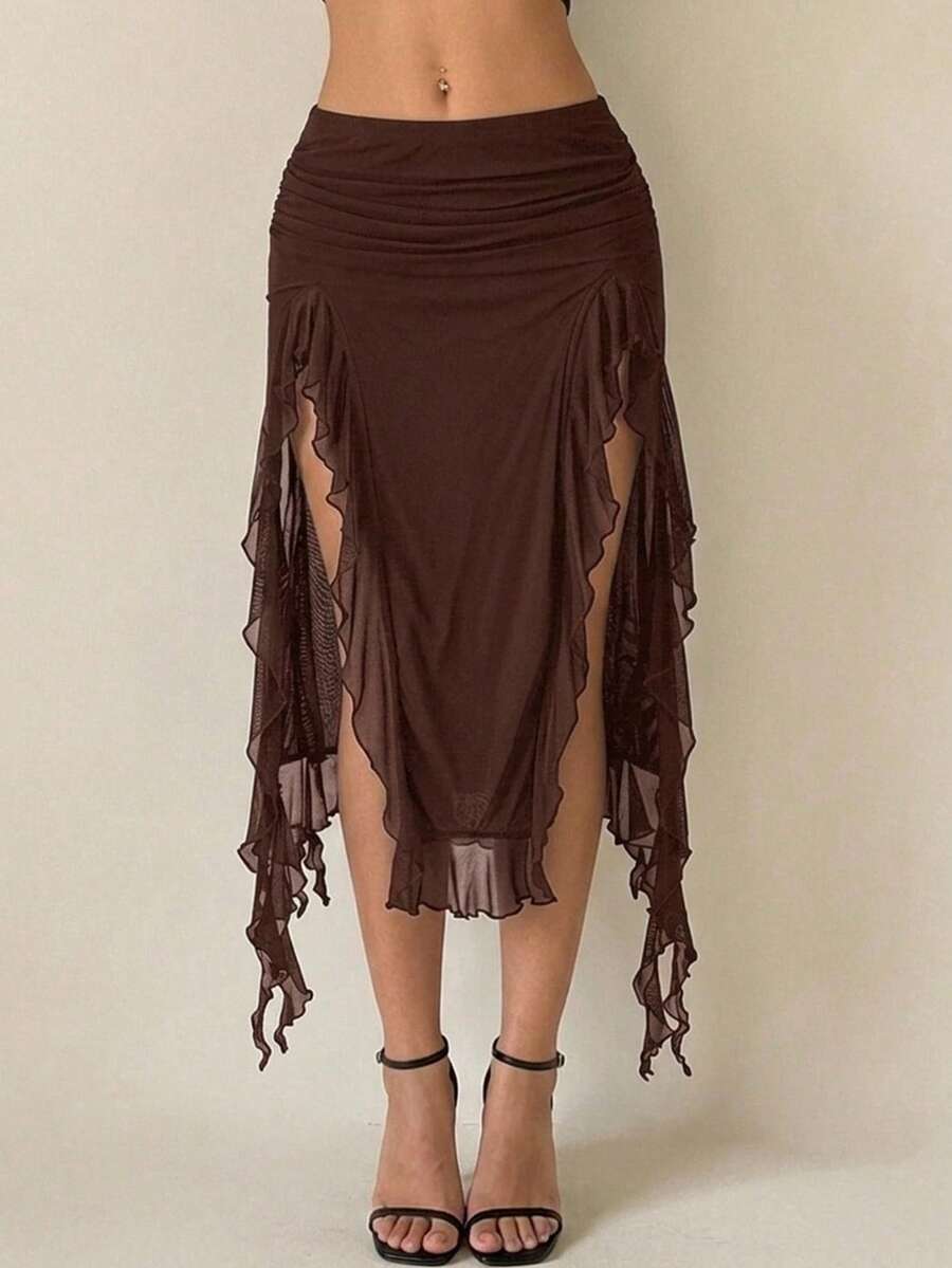 SHEIN ICON Summer Fashion Solid Color Ruffle Hem High Slit Skirt Brown Skirt Ruffle Skirt - Brown - View 1