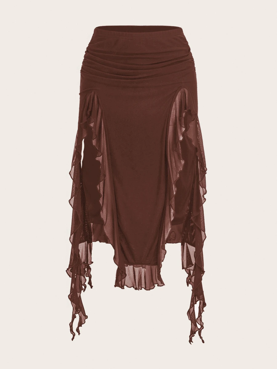 SHEIN ICON Falda de verano de unicolor con volantes en el bajo y abertura alta - Marrón - Ver 1