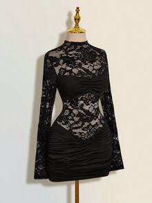 SHEIN ICON 女士纯色蕾丝拼接透视立领长袖迷你连衣裙 - 黑色 - 查看 5