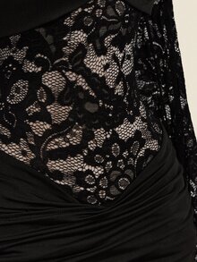 SHEIN ICON 女士纯色蕾丝拼接透视立领长袖迷你连衣裙 - 黑色 - 查看 7