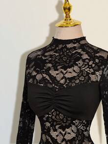 SHEIN ICON 女士纯色蕾丝拼接透视立领长袖迷你连衣裙 - 黑色 - 查看 4