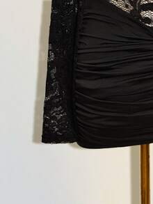 SHEIN ICON 女士纯色蕾丝拼接透视立领长袖迷你连衣裙 - 黑色 - 查看 6