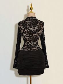 SHEIN ICON 女士纯色蕾丝拼接透视立领长袖迷你连衣裙 - 黑色 - 查看 2