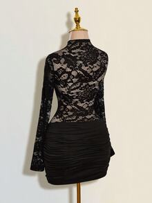 SHEIN ICON 女士纯色蕾丝拼接透视立领长袖迷你连衣裙 - 黑色 - 查看 8