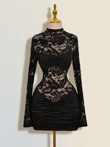 SHEIN ICON 女士纯色蕾丝拼接透视立领长袖迷你连衣裙 - 黑色 - 查看 3