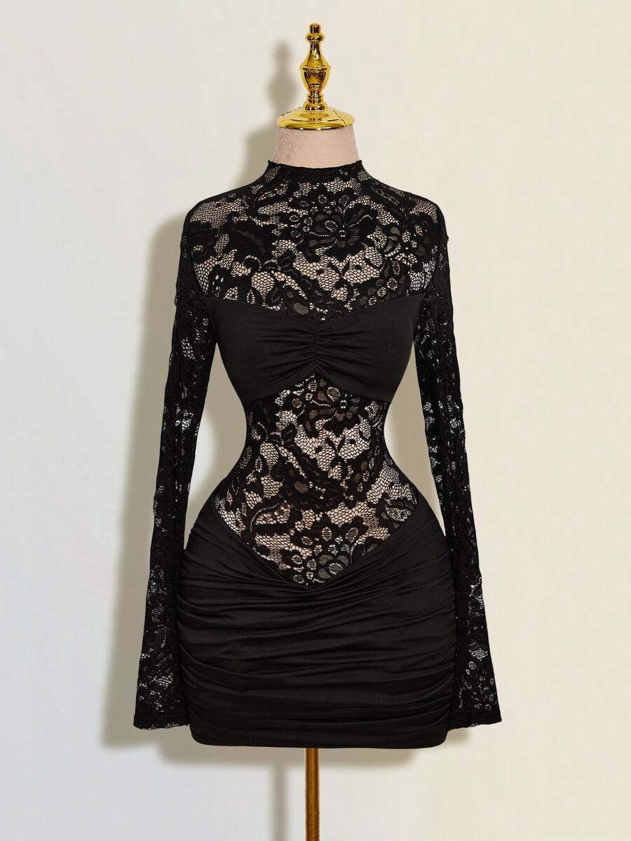 SHEIN ICON Women's Solid Color Lace Patchwork Sheer Stand Collar Long Sleeve Mini Dress,Black Dress For Women - Black - View 1