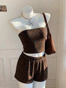 Comfortcana Plus Size Streetwear Leopard Print Bandeau Top And Shorts 2 Pieces Set - Multicolor - View 5