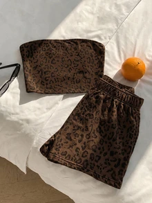 Comfortcana Plus Size Streetwear Leopard Print Bandeau Top And Shorts 2 Pieces Set - Multicolor - View 3