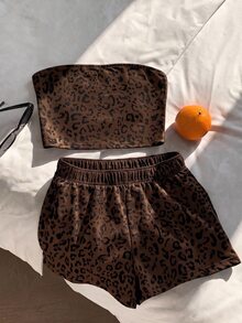 Comfortcana Plus Size Streetwear Leopard Print Bandeau Top And Shorts 2 Pieces Set - Multicolor - View 1