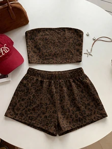 Comfortcana Plus Size Streetwear Leopard Print Bandeau Top And Shorts 2 Pieces Set - Multicolor - View 4