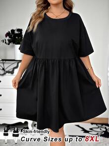 SHEIN CURVE+ 大尺碼女款黑色短袖洋裝，娃娃裙，萬聖節裝扮、早午餐、正式場合、生日、夏季休閒、傳統寬鬆款 - 黑色 - 查看 1