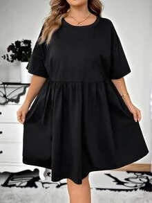 SHEIN CURVE+ 大尺碼女款黑色短袖洋裝，娃娃裙，萬聖節裝扮、早午餐、正式場合、生日、夏季休閒、傳統寬鬆款 - 黑色 - 查看 5