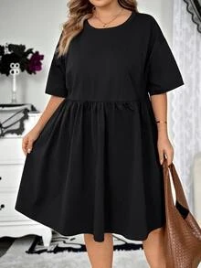 SHEIN CURVE+ 大尺碼女款黑色短袖洋裝，娃娃裙，萬聖節裝扮、早午餐、正式場合、生日、夏季休閒、傳統寬鬆款 - 黑色 - 查看 4