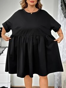 SHEIN CURVE+ 大尺碼女款黑色短袖洋裝，娃娃裙，萬聖節裝扮、早午餐、正式場合、生日、夏季休閒、傳統寬鬆款 - 黑色 - 查看 3