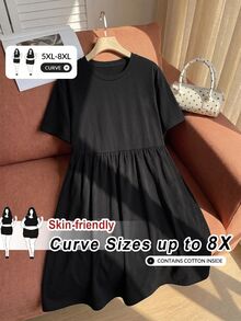 SHEIN CURVE+ 大尺碼女款黑色短袖洋裝，娃娃裙，萬聖節裝扮、早午餐、正式場合、生日、夏季休閒、傳統寬鬆款 - 黑色 - 查看 6
