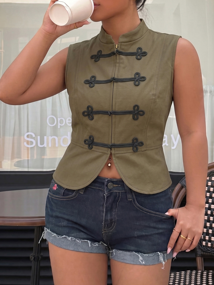 Muchica Plus Size Women's Zipper Front Stand Collar Casual Vest Top - Green - View 6