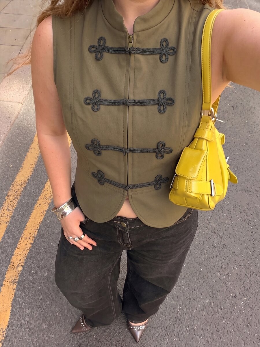 Muchica Plus Size Women's Zipper Front Stand Collar Casual Vest Top - Green - View 1