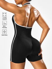 Solea Cove Solea Cove Women's Seamless Solid Color Halter Backless Romper - Black - View 11