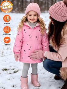 SHEIN Elladie kids 女童花卉外套、可愛上衣、長袖、秋冬、圖案T恤、粉色、保暖內裡拉鍊 - 粉色 - 查看 1