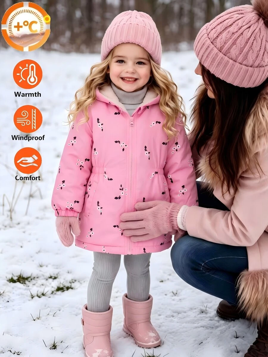 SHEIN Elladie kids 女童花卉外套、可愛上衣、長袖、秋冬、圖案T恤、粉色、保暖內裡拉鍊 - 粉色 - 查看 1