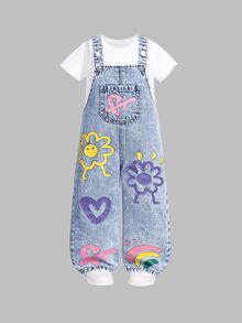SHEIN ChillGRL 女童新款花卉、心形、彩虹涂鸦时尚休闲舒适柔软牛仔连体裤 - 淺色水洗藍 - 查看 4