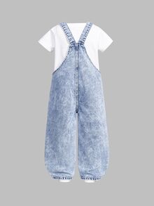 SHEIN ChillGRL 女童新款花卉、心形、彩虹涂鸦时尚休闲舒适柔软牛仔连体裤 - 淺色水洗藍 - 查看 3