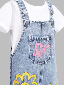 SHEIN ChillGRL 女童新款花卉、心形、彩虹涂鸦时尚休闲舒适柔软牛仔连体裤 - 淺色水洗藍 - 查看 5
