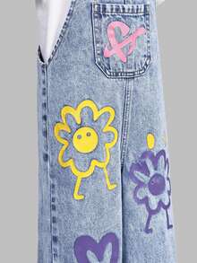 SHEIN ChillGRL 女童新款花卉、心形、彩虹涂鸦时尚休闲舒适柔软牛仔连体裤 - 淺色水洗藍 - 查看 7