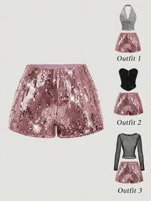 SHEIN MOD 女士时尚弹力腰亮片短裤，适合派对和夏季穿着 - 粉色 - 查看 3