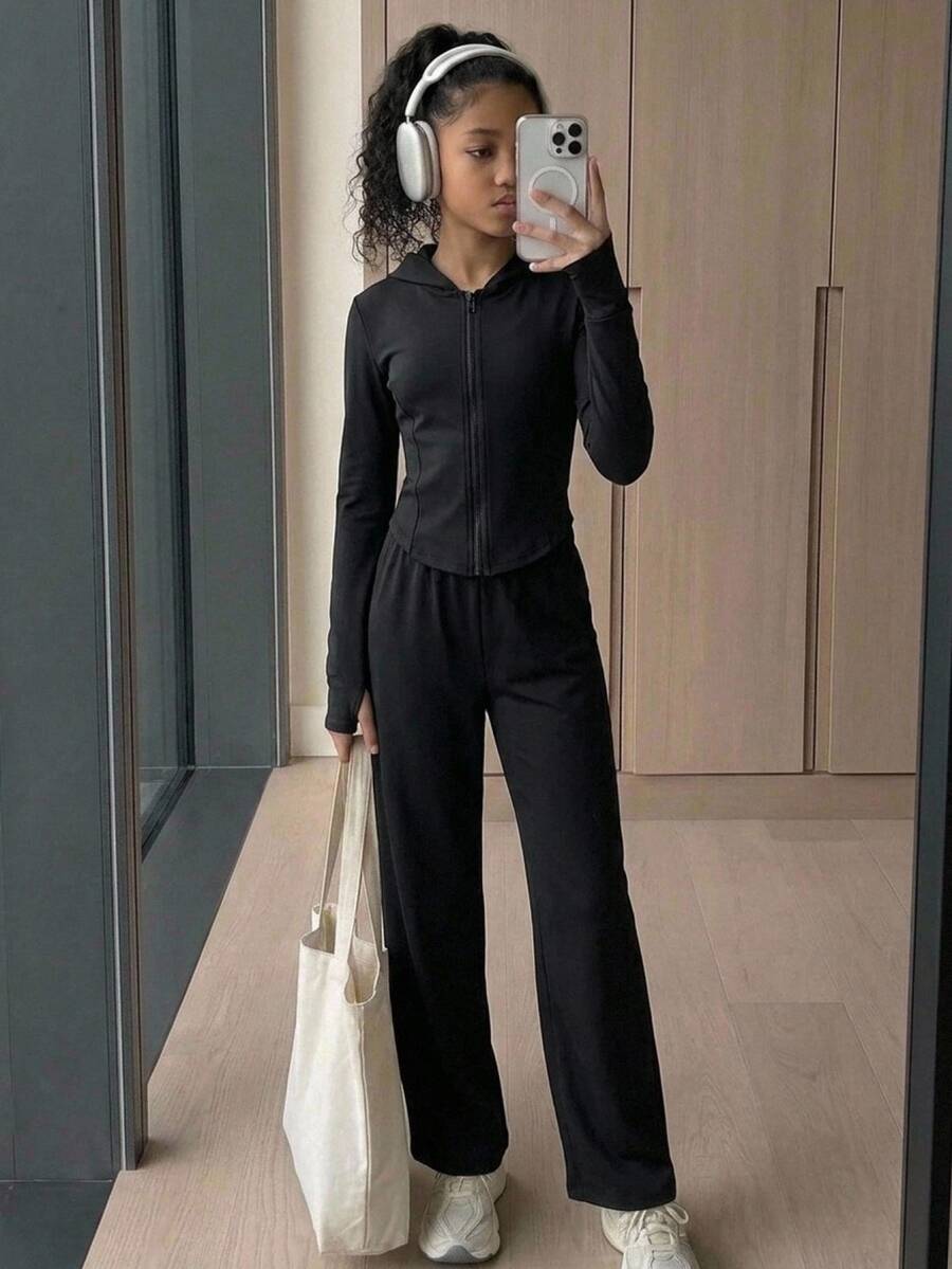 SHEIN Kids Tween Girls 2pcs Solid Color Zip-Up Hoodie And Wide Leg Pants Set, Suitable For Spring/Autumn, Daily Wear Back To School Fall/Winter - Black - View 1