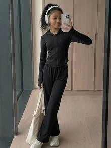 SHEIN Kids Tween Girls 2pcs Solid Color Zip-Up Hoodie And Wide Leg Pants Set, Suitable For Spring/Autumn, Daily Wear Back To School Fall/Winter - Black - View 3