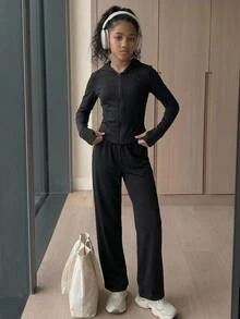 SHEIN Kids Tween Girls 2pcs Solid Color Zip-Up Hoodie And Wide Leg Pants Set, Suitable For Spring/Autumn, Daily Wear Back To School Fall/Winter - Black - View 4