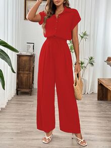 SHEIN Summer Linen Casual Open-Front Elastic Waist Wide Leg Light Red Jumpsuit Vacation - Red - View 5