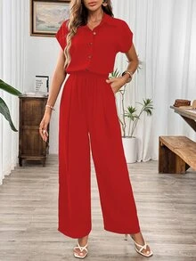 SHEIN Summer Linen Casual Open-Front Elastic Waist Wide Leg Light Red Jumpsuit Vacation - Red - View 7
