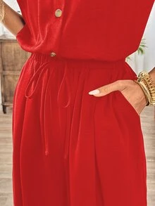 SHEIN Summer Linen Casual Open-Front Elastic Waist Wide Leg Light Red Jumpsuit Vacation - Red - View 6