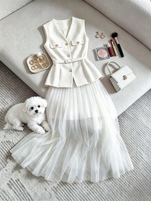 SHEIN Setelan 2 Potong Jaket Rompi Kancing Tunggal Elegan Musim Gugur/Dingin, Busana Bergaya untuk Beraktivitas di Luar Ruangan - Putih - View 4