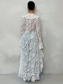 Glamine 春夏浪漫度假风荷叶边优雅蕾丝透视长款薄外套，女士度假夏季上衣，女士夏季商务休闲装，白色开衫，蕾丝上衣，夏季波西米亚风上衣，秋冬女士上衣 - 白色 - 查看 2
