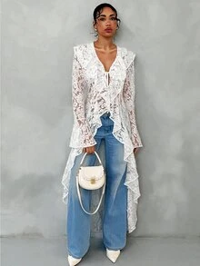 Glamine 春夏浪漫度假风荷叶边优雅蕾丝透视长款薄外套，女士度假夏季上衣，女士夏季商务休闲装，白色开衫，蕾丝上衣，夏季波西米亚风上衣，秋冬女士上衣 - 白色 - 查看 4