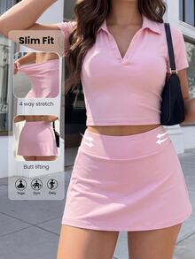 CourtClass CourtClass Rok Mini Wanita Warna Polos Kasual Serbaguna untuk Sehari-hari, Bepergian, dan Olahraga. - Berwarna merah muda - View 2