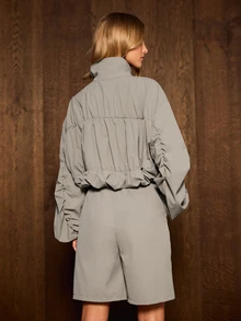 AiiRZ Ruched Puff Sleeve Crop Half-Zip Top And Bermuda Shorts Co-Ord Set With High Neck And Elastic Cuffs - Khaki - View 5