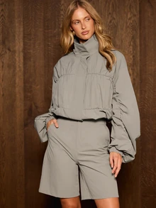 AiiRZ Ruched Puff Sleeve Crop Half-Zip Top And Bermuda Shorts Co-Ord Set With High Neck And Elastic Cuffs - Khaki - View 1