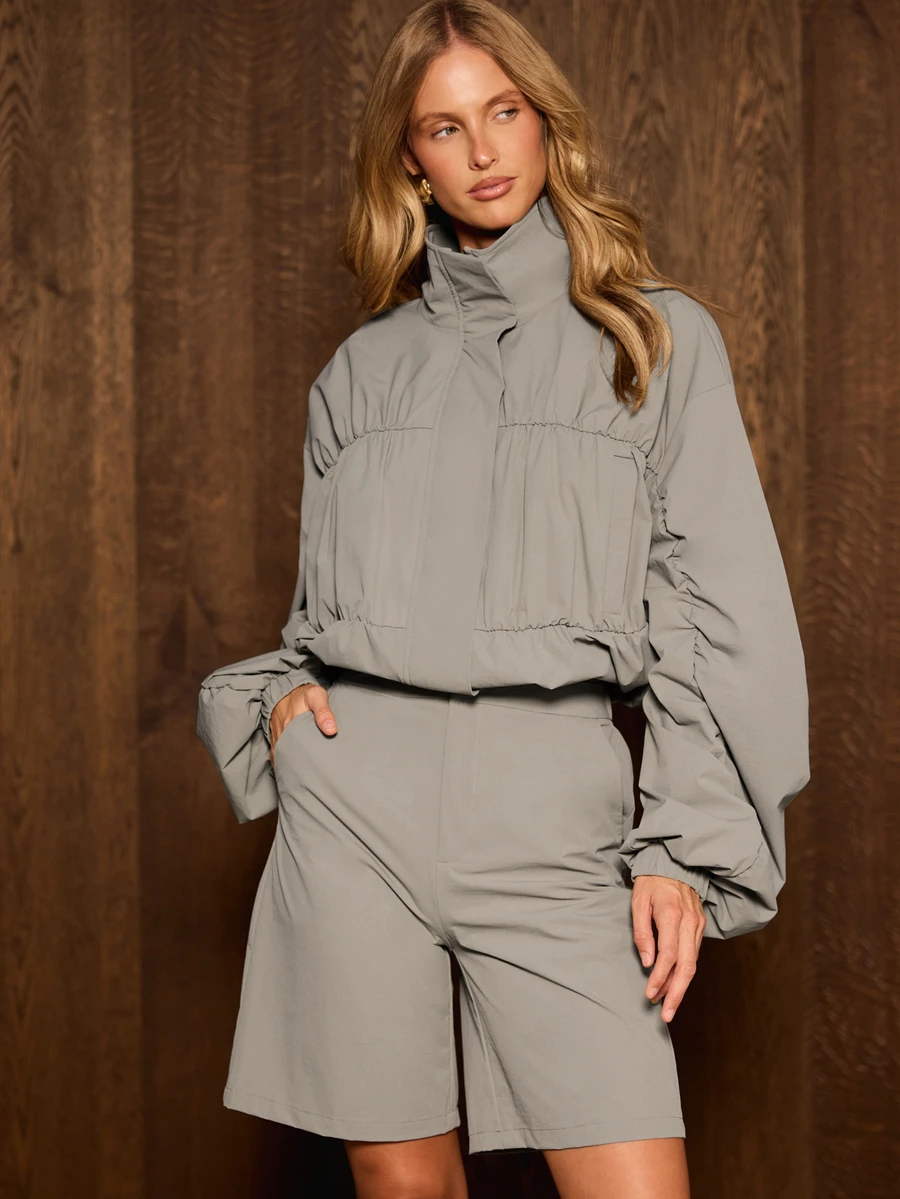 AiiRZ Ruched Puff Sleeve Crop Half-Zip Top And Bermuda Shorts Co-Ord Set With High Neck And Elastic Cuffs - Khaki - View 1