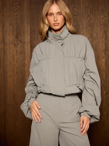 AiiRZ Ruched Puff Sleeve Crop Half-Zip Top And Bermuda Shorts Co-Ord Set With High Neck And Elastic Cuffs - Khaki - View 2