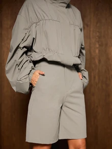 AiiRZ Ruched Puff Sleeve Crop Half-Zip Top And Bermuda Shorts Co-Ord Set With High Neck And Elastic Cuffs - Khaki - View 4