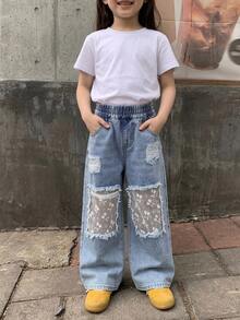 Dazy Kids Young Girls Lace Patchwork Distressed Wide Leg Jeans - Light Wash - View 4